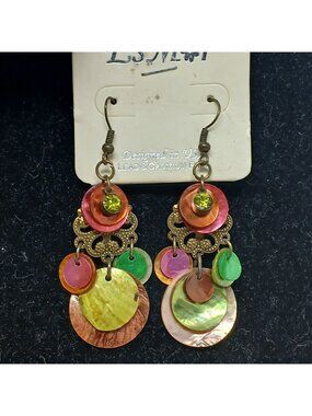 EsMor Multicolor Dangling Shell Earrings Rhinestones  Fun Boho Style  2.5" L #J8